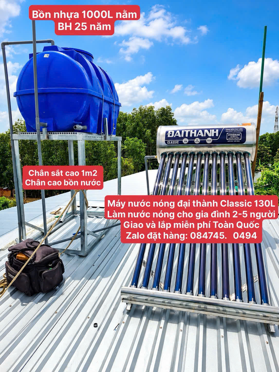 Bình năng lượng mặt trời đại thành classic 130 lít cao cấp- Máy nước nóng solar tân á đại thành 130 lít 58-12 giao lắp miễn phí